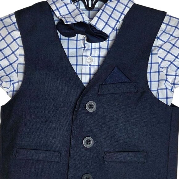 Edgehill Collection Baby Boy's Size 9M Formal Navy Plaid Shirt, Vest, Bowtie Set - Picture 2 of 6